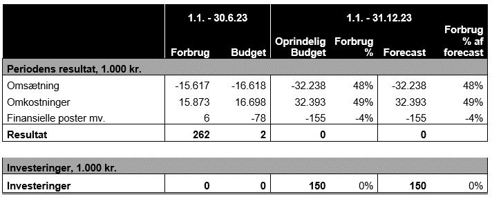 Tabel med budgetopfølgning for perioden 1. januar til 30. juni 2023